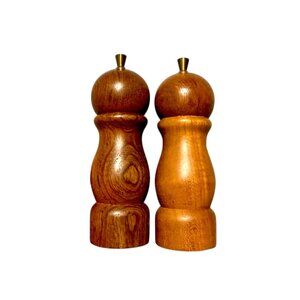Vintage Danish MCM Teak Wood Salt & Pepper Mill Set With Brass Finial Tops